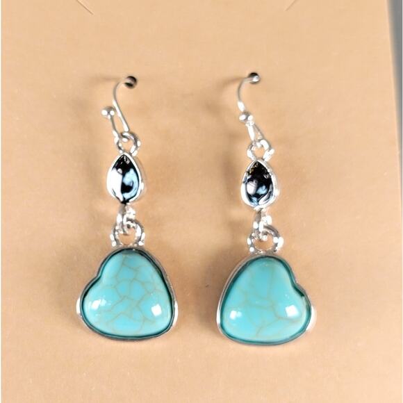 Turquoise Heart Dangle Earrings Silver Tone Hook Pierced Drop Jewelry Gift Bag - Picture 1 of 10